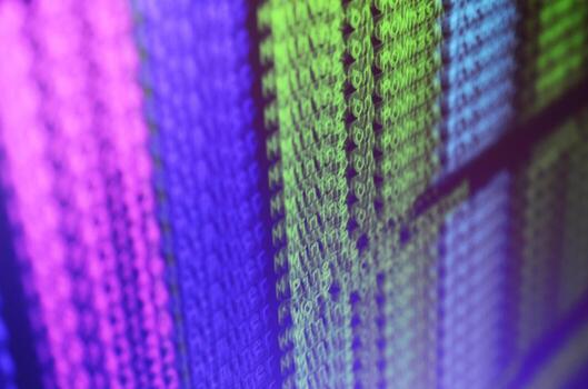 Macro snapshot of the program interface for crypto currency mining on the monitor of an office computer. The concept of mining bitcoins. The flow of information strings and data photo