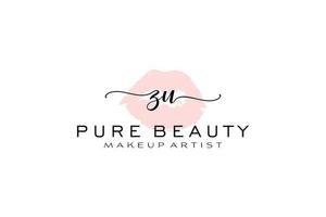 diseño de logotipo prefabricado inicial de labios de acuarela zu, logotipo para marca comercial de artista de maquillaje, diseño de logotipo de boutique de belleza rubor, logotipo de caligrafía con plantilla creativa. vector