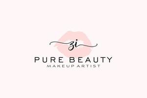 diseño de logotipo prefabricado inicial de labios de acuarela zi, logotipo para la marca comercial de maquilladores, diseño de logotipo de boutique de belleza rubor, logotipo de caligrafía con plantilla creativa. vector