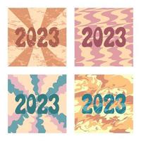 2023 numbers on abstract trippy backgrounds. Vector set of square trendy illustrations. Groovy, retro and psychedelic design. Social media 2023 post templates collection