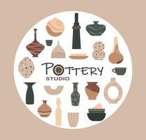 Pottery studio. Large set with vases and pots of various shapes. Vector illustration