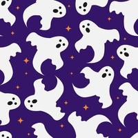 Halloween seamless pattern with cute cartoon ghosts on purple background. Easy to edit vector template for greeting card, banner, poster, party invitation, fabric, textile, wrapping paper, etc