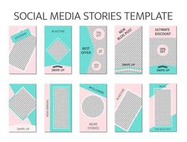 Social media stories template for mobile app. Set of 10 story layout for SMM and bloggers. Mint green and pink pastel color palette. Editable web banners layout for mobile applications. vector