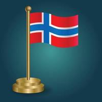 Norway national flag on golden pole on gradation isolated dark background. table flag, vector illustration