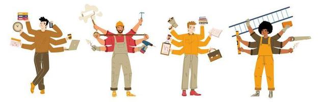 Diverse people with many hands. Multitask concept vector