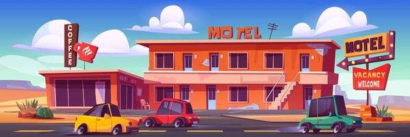 antiguo motel con cafetería y aparcamiento en el desierto vector