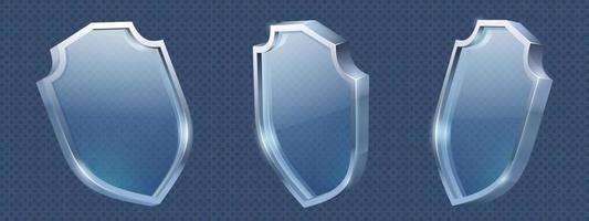 Glass shield in metal frame realistic vector set