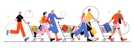 Sale run concept with people with shopping carts vector