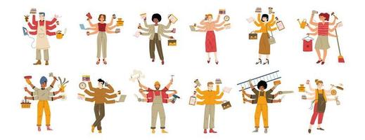 Busy multitasking characters, diverse people work vector