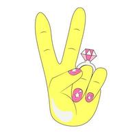 Peace Sign Hand with Painted Bright Nails and Engagement Ring with Big Pink Diamond Temporary Tattoo Sticker or Badge in Retro Groovy Style Bachelorette Party vector