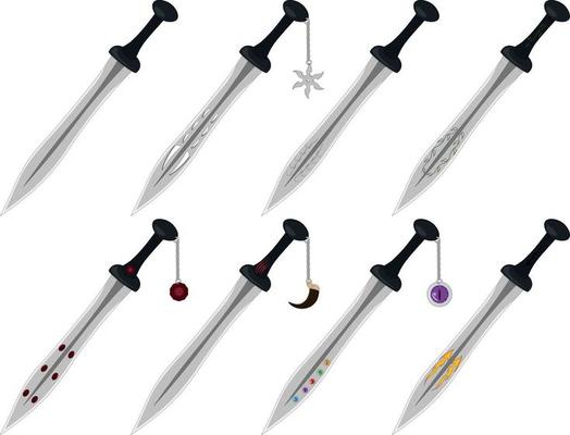 Cold cutting weapon game asset, various styles swords collection vector illustration