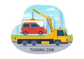 Auto Towing Car Using a Truck with Roadside Assistance Service in Template Hand Drawn Cartoon Flat Background Illustration vector