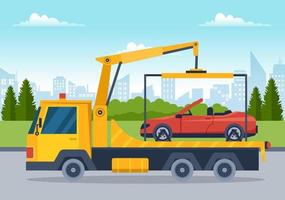 Auto Towing Car Using a Truck with Roadside Assistance Service in Template Hand Drawn Cartoon Flat Background Illustration vector