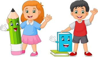 Cartoon kids with book and pencil mascots vector