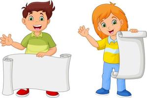 Cartoon happy kids holding blank paper vector