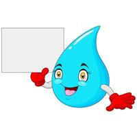 mascota de dibujos animados de gota de agua azul feliz sosteniendo un cartel en blanco vector