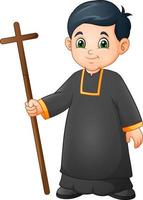 Cartoon little boy altar server in uniform holding a cross vector