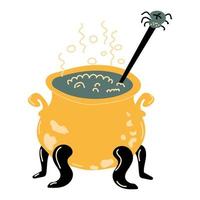 Cauldron with boiling green magic potion. Spoon in the form of the spider. Witch's brew.  Halloween. Vector