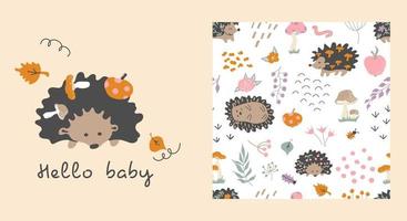 Hedgehogs pattern. Card Hello baby. Vector background.  Baby print