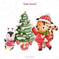 Cute Tiger and Penguin in Santa costume, Watercolor Christmas season illustration vector