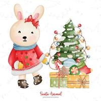 conejito lindo disfrazado de santa, ilustración de la temporada de navidad en acuarela, ilustración de animales de navidad vector