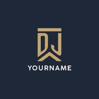 DJ initial monogram logo design in a rectangular style with curved sides vector