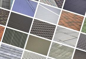 A collage of many pictures with fragments of various types of roofing close up. A set of images with roof coating textures photo