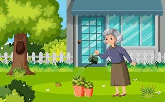 Elderly woman gardening at backyard vector