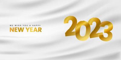 feliz año nuevo 2023 banner de fondo con texto dorado en color blanco. cartel de tipografía de celebración de plantilla de diseño o tarjeta de felicitación para feliz año nuevo. vector