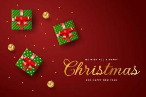 plantilla de fondo de feliz navidad en color rojo con texto dorado, bolas de navidad y caja de regalo de navidad. mejor para pancarta, afiche, telón de fondo, tarjeta de felicitación, etc. vector