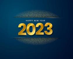 feliz año nuevo 2023 con texto dorado y fondo de lujo brillante en color azul marino. tarjeta de felicitación, ilustración de vector de banner