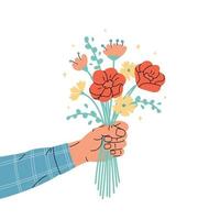 Male hand holding bouquet of flowers isolated on white background vector