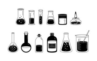 Chemical black and white laboratory glassware set vector