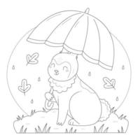 Cute rabbit with an umbrella coloring page. Bunny with an umbrella in the rain. Vector black and white illustration coloring book.