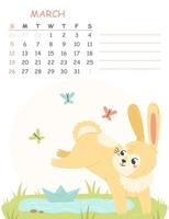 March children's vertical calendar for 2023 with an illustration of a cute rabbit with a paper boat and a puddle. 2023 is the year of the rabbit. Vector spring illustration of a calendar page.