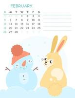 February children's vertical calendar for 2023 with an illustration of a cute rabbit with a snowman. 2023 is the year of the rabbit. Vector winter illustration of the calendar page.