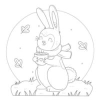 Cute rabbit with a cup of cocoa coloring page. Bunny enjoys a hot drink. Vector black and white illustration coloring book.