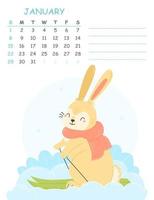 January children's vertical calendar 2023 with an illustration of a cute rabbit on skis. 2023 is the year of the rabbit. Vector winter illustration of the calendar page.