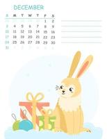 calendario vertical infantil de diciembre para 2023 con una ilustración de un lindo conejo con regalos. 2023 es el año del conejo. ilustración vectorial de invierno de la página del calendario.