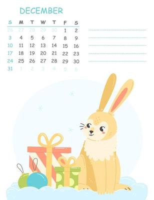 December children's vertical calendar for 2023 with an illustration of a cute rabbit with gifts. 2023 is the year of the rabbit. Vector winter illustration of the calendar page.