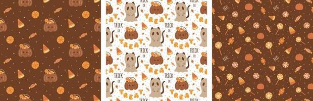 Candies halloween pattern set. Sweet Halloween candy seamless patterns collection. Trick or treat background. Cute cartoon Halloween candy wrapping paper. Pumpkin, ghost vector illustration wallpaper.