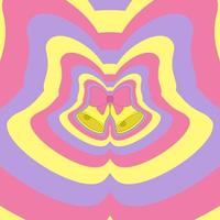 Vector illustration of Jingle bells decorated with pink bow. Abstract rainbow background with repeating silhouette bells. Concept Christmas, New Year. Trendy y2k retro hippie print. Hypnotic pattern