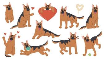 Playful german shepherd breed in different poses. Funny adult sheepdog with heart shapes and accessories. Cartoon domestic pet character. Doggy hand drawn flat vector illustration isolated on white