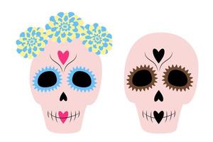 Set of two Sugar Skull in trendy shades. Day of the Dead. Dia de los muertos. Mexico. Sticker. Icon vector