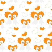 Seamless Halloween pattern with two ghosts in love and orange heart shapes in trendy shades. Isolate vector