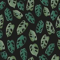 Monstera leaves silhouette with shadows pattern on black background. Flat illustration style for wrapping paper, wallpaper, fabric, textile vector