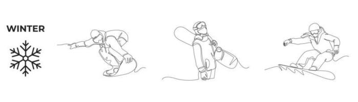 Single one line drawing winter activities and sport set. Happy young boy with snowboarders in winter. Man wearing outfit riding snowboard. Continuous line draw design graphic vector illustration.