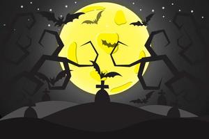 fondo de celebración de halloween con luna llena, árbol seco, cementerio y murciélagos vector