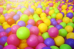 Many colorful plastic balls in a kids' ballpit at a playground. Close up pattern photo