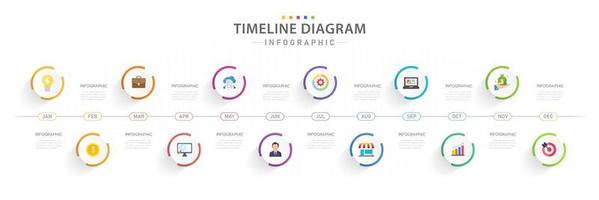 plantilla infográfica para negocios. Calendario de diagrama de línea de tiempo moderno de 12 meses con títulos de círculo, infografía vectorial de presentación. vector